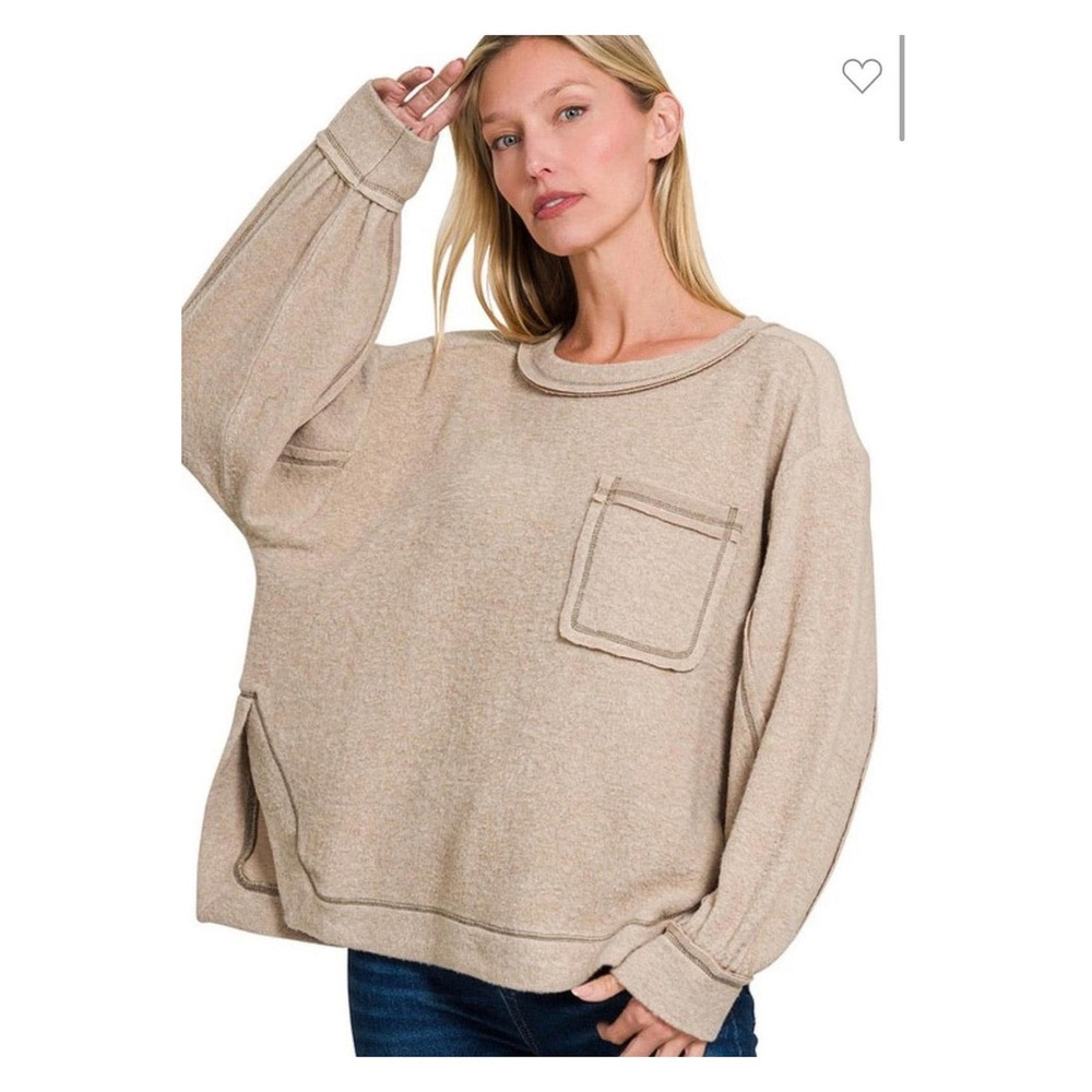 Zenana HT-246 Oversized Tan Beige Pocket Sweatshirt Plus Size 1X/2X